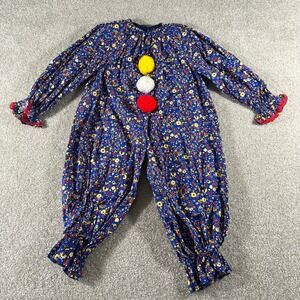 Vintage Handmade Clown Costume Blue Floral Calico PomPom Jumpsuit Kids Halloween